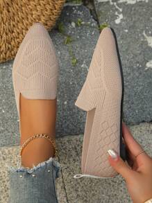 時尚尖頭針織平底鞋在杏,適合春天和秋天 - 杏色 - 查看 2
