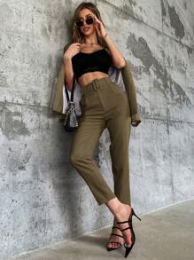 SHEIN Privé 素色腰帶錐形褲 - 軍綠色 - 查看 3