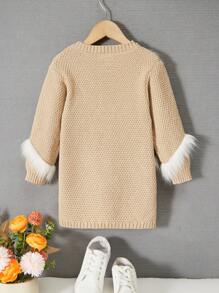 女小童毛茸邊毛衣洋裝 - 卡其色 - 查看 2