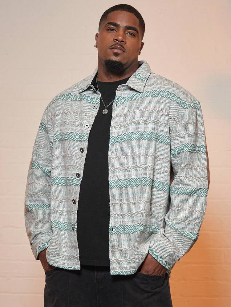 Men Plus Geo Print Button Front Shacket