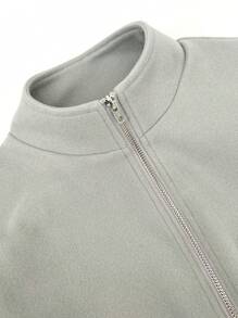 SHEIN Unity 翻蓋口袋拉鏈開襟短款花呢外套 - 淺灰色 - 查看 4