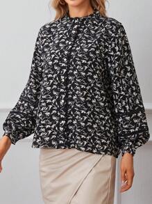 SHEIN Frenchy 滿版印花褶邊燈籠袖襯衫 - 黑色 - 查看 5