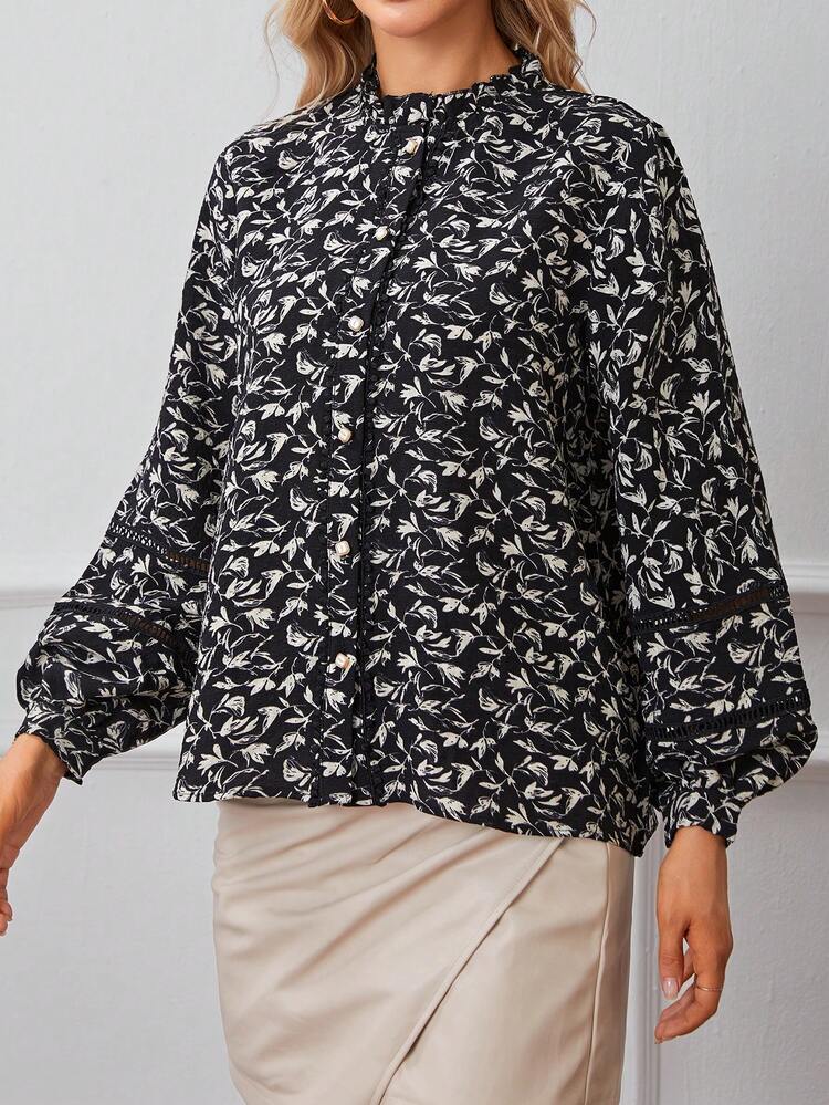Allover Print Frill Trim Lantern Sleeve Blouse Winter Elegant Black