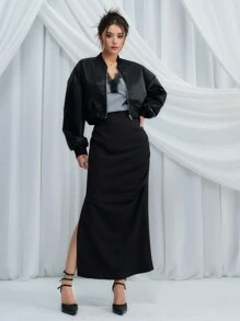 DAZY Thả vai Dây kéo Mùa vụ Áo khoác bomber - màu đen - Xem 7