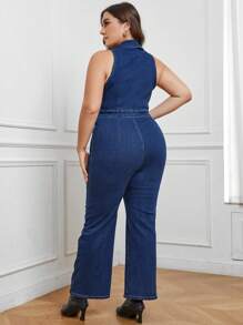SHEIN LUNE Plus Zip Up Flare Leg Denim Jumpsuit - Blue - View 2