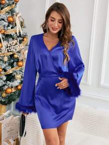 SHEIN Privé Vestido de peluche puño de cuello cruzado de satén - Azul - Ver 5