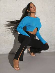 SHEIN SXY 女款分襟高腰長褲派對 - 黑色 - 查看 1