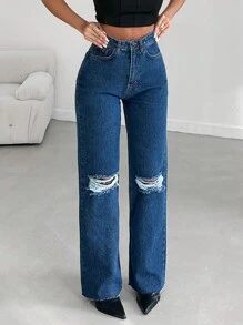 RueChic High Waist Ripped Straight Leg Jeans - Blue - View 4