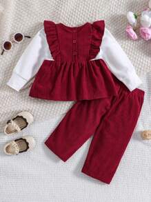 Baby Girl Ruffle Trim Peplum Top & Pants - Burgundy - View 2