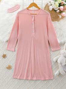 SHEIN Tween Girl Solid Half Button Placket Tee Dress