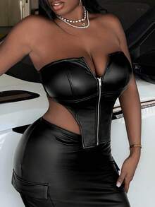 Slaydiva Zip Up Asymmetrical Hem PU Leather Tube Top - Black - View 4