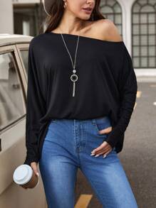 SHEIN LUNE 素色不對稱領蝙蝠袖T恤 - 黑色 - 查看 1