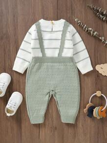 Baby Girl Striped Pattern 2 In 1 Knit Jumpsuit - Green - View 2