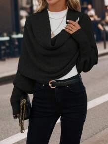 SHEIN Clasi 垂領蝙蝠袖套頭毛衣 - 黑色 - 查看 6