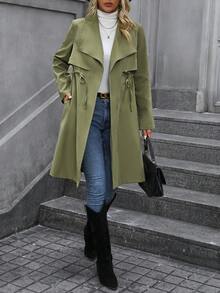 SHEIN LUNE Cổ áo thác nước Eo dây rút Eo dây rút Áo khoác Trench - Màu xanh Ô liu - Xem 5