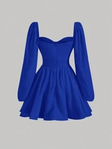 SHEIN MOD 雞心領口燈籠袖胸部褶皺洋裝 - 寶藍色 - 查看 2