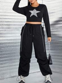 Flirla 大碼星星印花短款T恤 - 黑色 - 查看 3