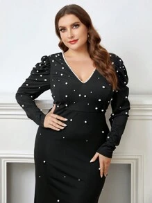 SHEIN Belle 大碼珍珠串珠魚尾裙下擺正式洋裝 - 黑色 - 查看 7