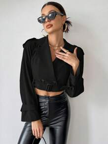 SHEIN Essnce 雙排釦帶扣細節短款風衣外套 - 黑色 - 查看 6