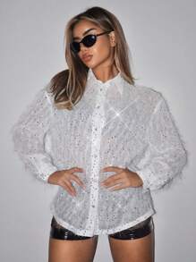 SHEIN ICON Thả vai Nút phía trước Kim sa Áo sơ mi - trắng - Xem 1