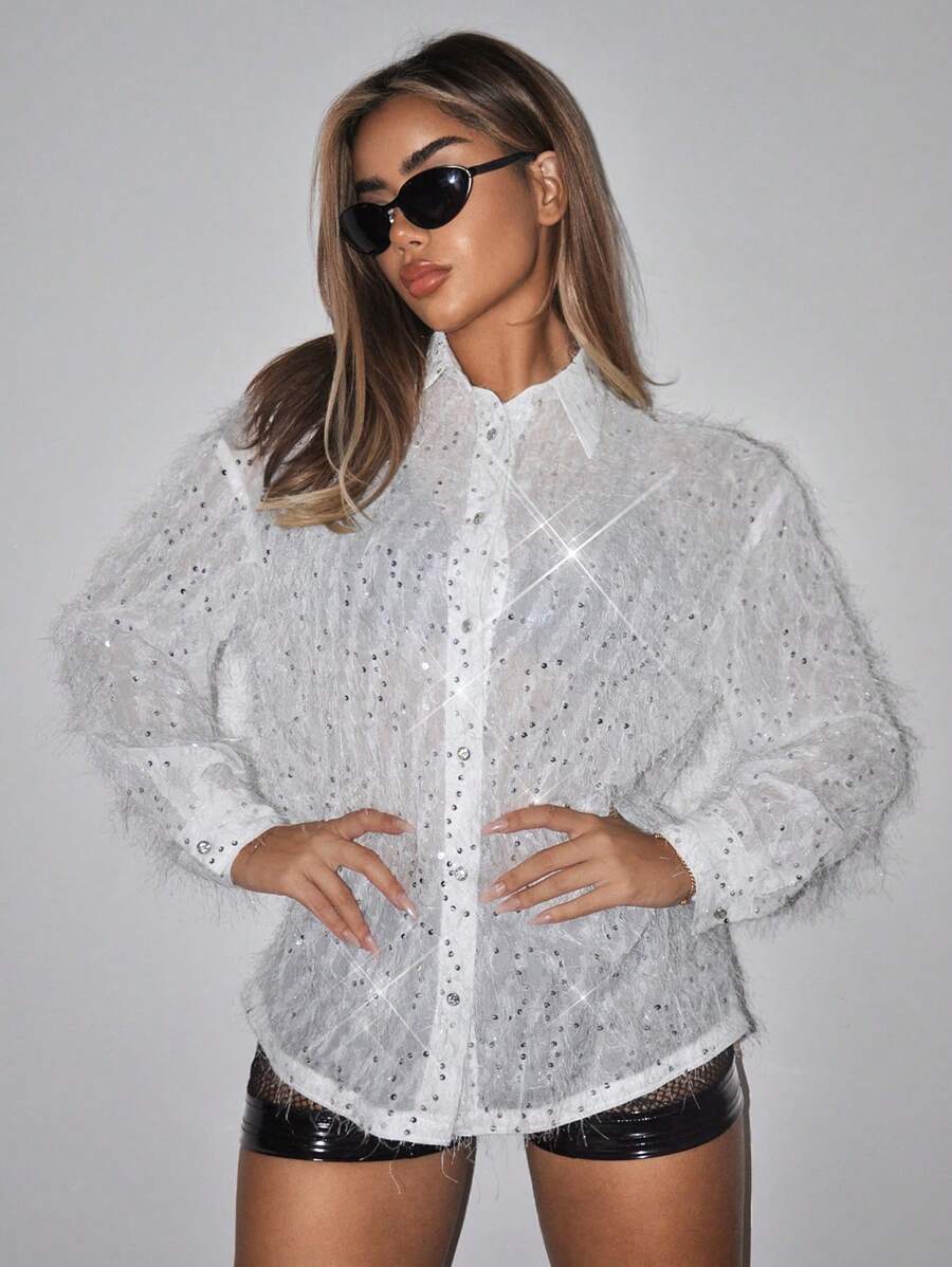 SHEIN ICON Thả vai Nút phía trước Kim sa Áo sơ mi - trắng - Xem 1