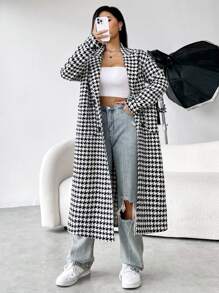 SHEIN Unity Abrigo con estampado de pata de gallo con doble bolsillo de cuello con solapa - Blanco y Negro - Ver 1
