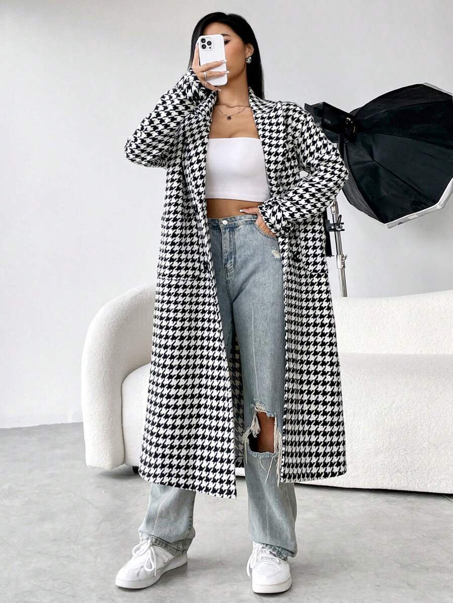 SHEIN Unity Abrigo con estampado de pata de gallo con doble bolsillo de cuello con solapa - Blanco y Negro - Ver 1