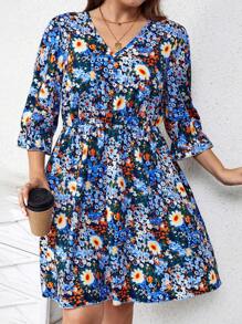 EMERY ROSE 大码花卉印花荷叶边袖荷叶边下摆连衣裙 - 藏蓝色 - 查看 1