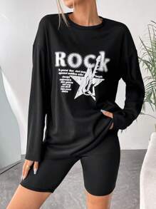 SHEIN Essnce 1入組星形和標語圖案落肩T恤 - 黑色 - 查看 4