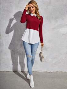 SHEIN Clasi Two Tone 2 In 1 Ribbed Knit 2 In 1 Top - Burgundy - View 4