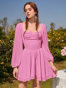 SHEIN MOD Sweetheart Neck Lantern Sleeve Ruched Bust Flare Hem Date Night Pink Dress - Hot Pink - View 6