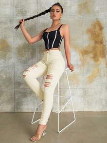 Street Vibes90年代高腰破洞緊身褲 - 米色 - 查看 6