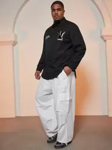 Manfinity Homme Men Plus Letter Patched Shirt - Black - View 4