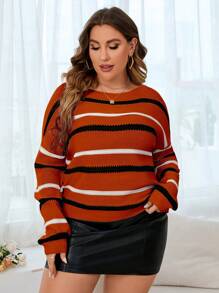 SHEIN LUNE Áo len cổ tròn tay rớt họa tiết sọc, thích hợp mặc mùa thu đông. - Gỗ đỏ - Xem 3