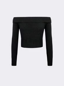 SHEIN Unity 纯色露肩短款针织套头衫，适合秋冬季穿着 - 黑色 - 查看 2