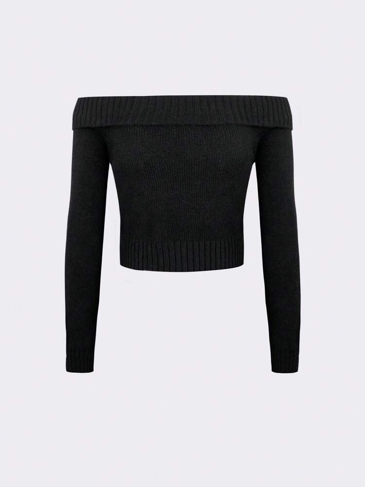 Solid Off The Shoulder Crop Knit Pullover Fall Winter Sweater