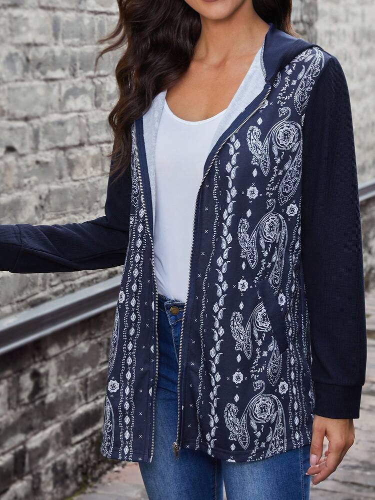 Paisley Print Zip Up Hooded Coat