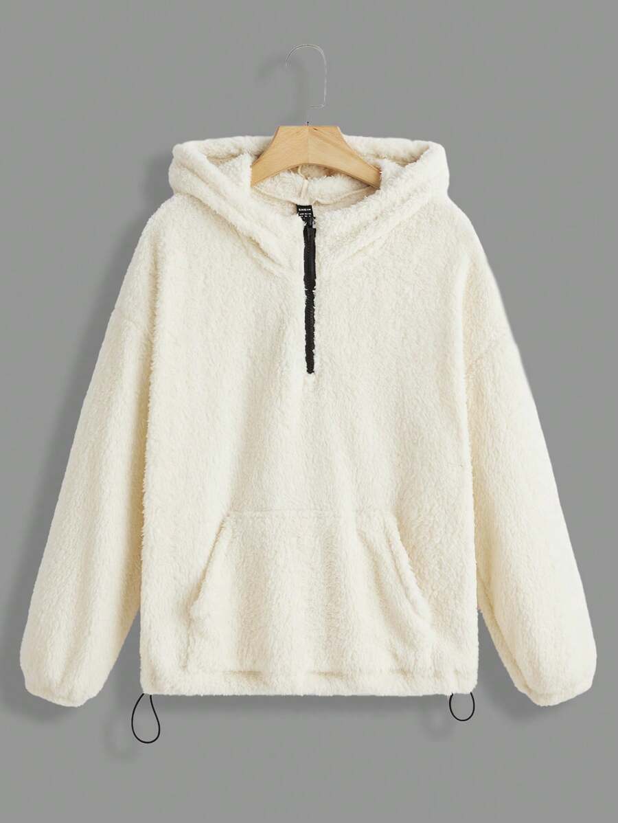 SHEIN EZwear Một nửa khóa kéo Túi kangaroo Thả vai Teddy Hoodie - Màu be - Xem 1