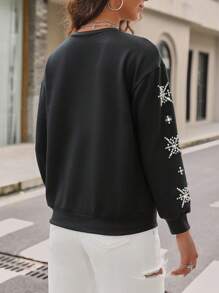 SHEIN LUNE Rhinestone Heart & Geo Graphic Drop Shoulder Sweatshirt Pullover Fall Sweatshirt - Black - View 3