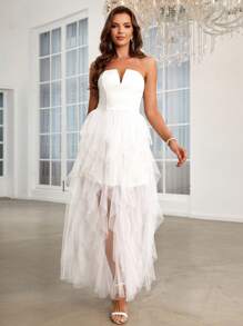 SHEIN Belle Layered Mesh Ruffle Trim Tube Wedding Dress - White - View 1
