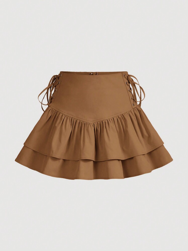 SHEIN MOD 腰部綁帶荷葉邊半身裙 - 棕色 - 查看 1