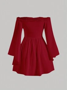 SHEIN MOD Off Shoulder Trumpet Sleeve Frill Trim Dress,Valentine Outfits