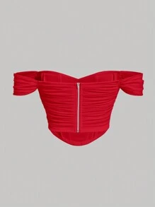 SHEIN MOD Off-Shoulder geraffte Bandana Saum geraffte Netz Bodycon rotes Top, rotes aus der Schulter Top, rotes Bandeau Top, Trägerloses Top