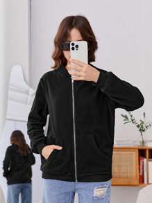 Teen Girls Zip Up Hooded Jacket - Black - View 5