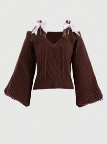 ROMWE Kawaii Solid Cable Knit Cold Shoulder Crop Sweater - Coffee Brown - View 1