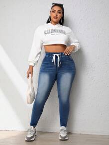 CovetEZ Plus Drawstring Waist Skinny Jeans - Dark Wash - View 4