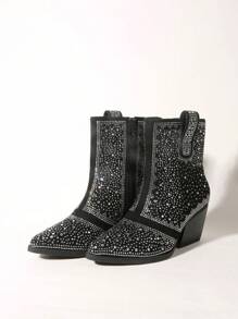 New Arrival Pointed Toe Fashion Women's Short Boots, Black Rhinestone Inlay Style With 3d Shiny Rhinestone, Zipper Closure - Black - View 6