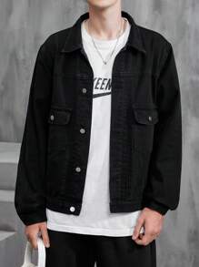 Manfinity Men Flap Pocket Denim Jacket - Black - View 1