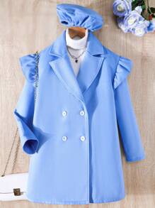 SHEIN Tween Girl 1pc Ruffle Trim Double Breasted Overcoat & 1pc Hat