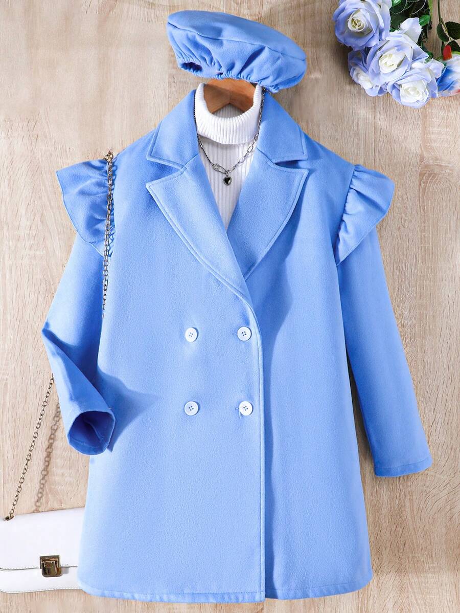 SHEIN Tween Girl 1pc Ruffle Trim Double Breasted Overcoat & 1pc Hat